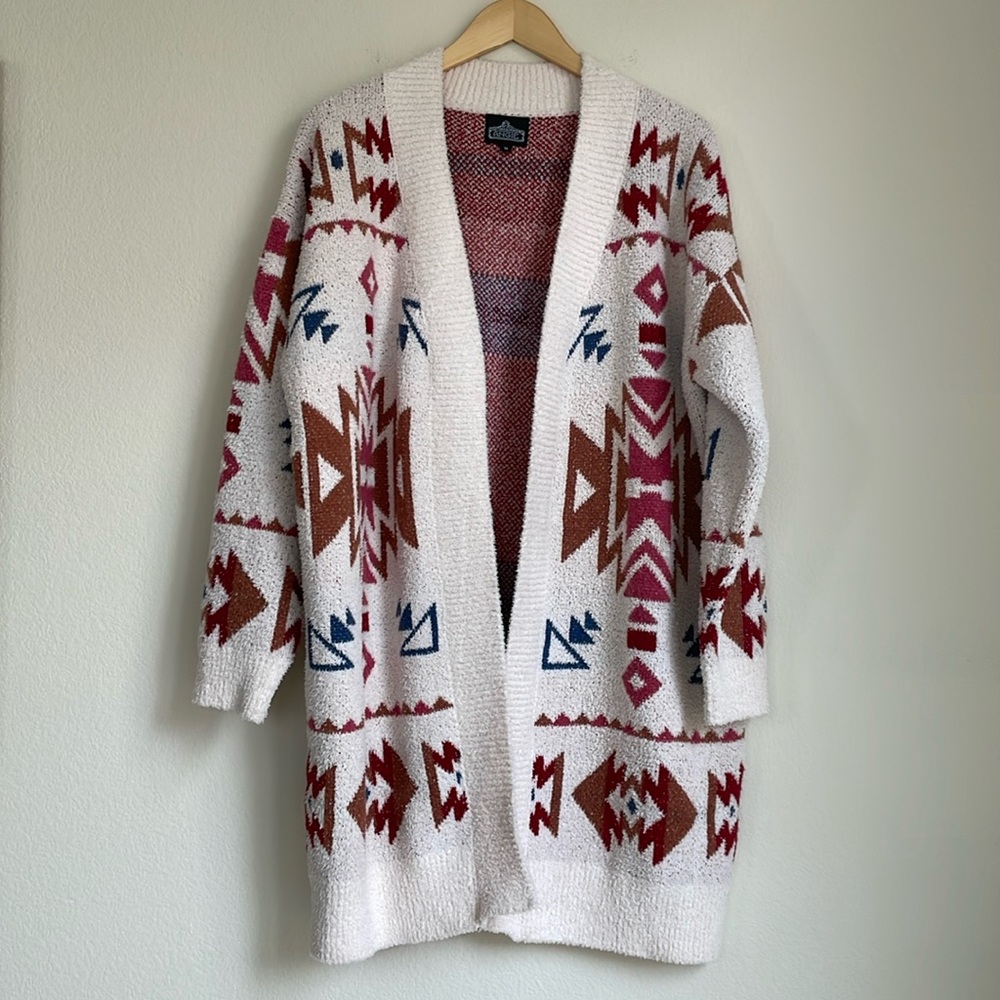 Angie Aztec Geometric Pattern Knit Open Long Cardigan Size Medium